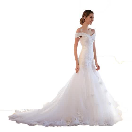 Pure White Off Shoulder Lace Up Pearls Mermaid Wedding Dress Pure White Off Shoulder Lace Up Pearls Mermaid Wedding Dress