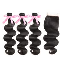 875071956-ALot Hair 3 Bundles Peruvian Body Wave With Lace Closure Three / Middle / Free Part 100% Human Hair Weave 3 Bundles with Closure on JD