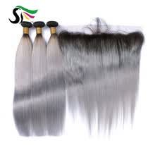 875071956-9A Grade 1B Grey Ombre Lace Frontal Closure With Bundles 3 Pcs Straight Brazilian Virgin Human Hair Bundles With Frontals on JD