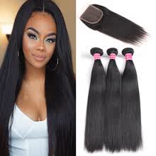 bundles-with-closure-Fine Plus Brazilian Straight Hair 3 Bundles with Closure 7A Unprocessed Virgin Human Hair Bundles with 4&times;4 Free Part Lace Closure on JD
